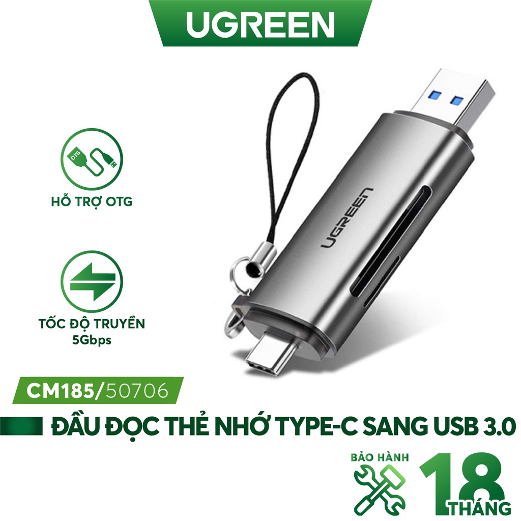 Đầu đọc thẻ USB Type-C với 2 khe thẻ cắm SD và OTG UGREEN CM184