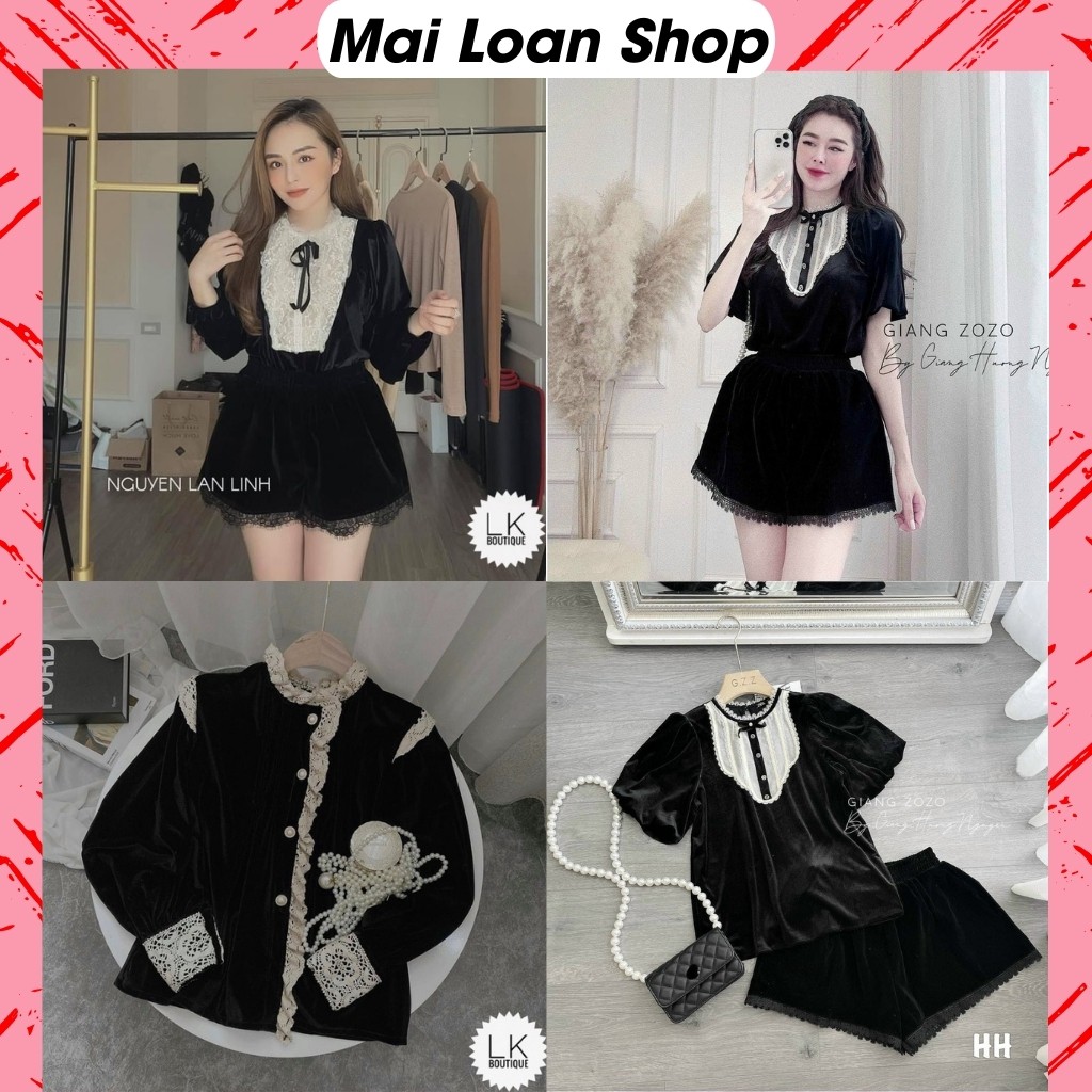 Set Đồ Nữ Chất Nhung Cao Cấp Phối Ren Cá Tính, Set Đồ Bộ Nữ Thu Đông Phong Cách Tiểu Thư Hàn Quốc.