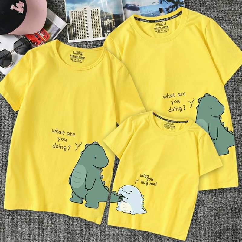 Áo Gia Đình, Áo Thun Cặp Gia Đình In Hình Khủng Long Dino Cổ Tròn Cotton Thấm Hút
