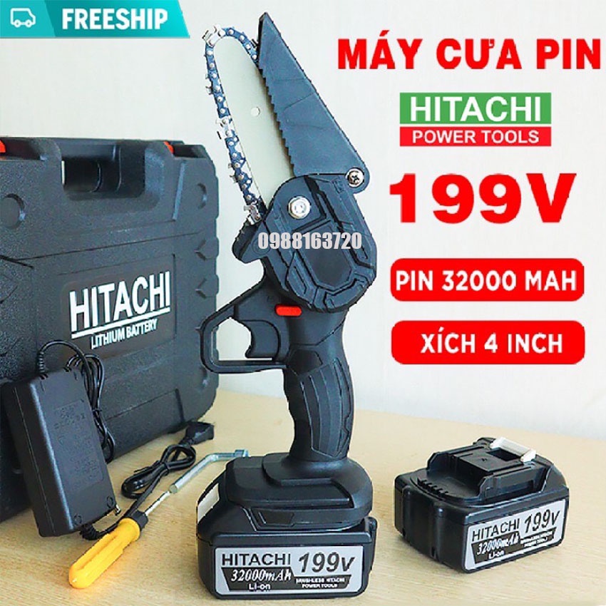 Máy cưa cầm tay, máy cưa xích mini dùng pin 199V HITACHI 2021 máy 2 pin máy cắt gỗ cưa gỗ cực khỏe bảo hành 12 tháng