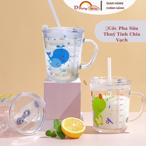 Cốc thuỷ tinh pha sữa chia vạch chịu nhiệt nhiều hình cho bé kèm ống hút và nắp đậy chống tràn, đổ ngược