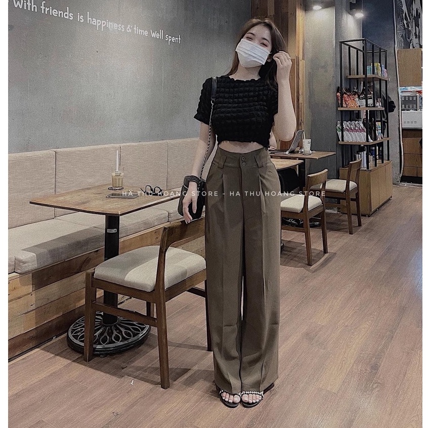 Set áo croptop xốp ô nổi mix quần suông ống rộng nâu tây BN533