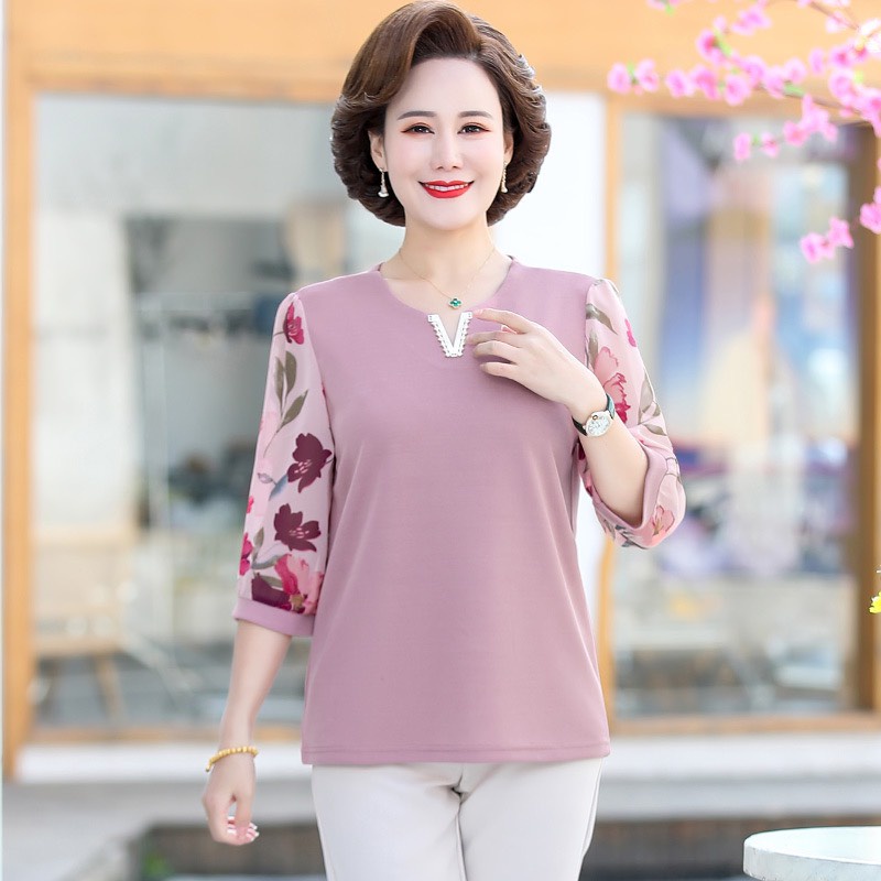 Áo kiểu trung niên nữ đẹp, áo thung trung niên nữ tay phối hoa cổ V, chất liệu thun da cá co giãn thoáng mát