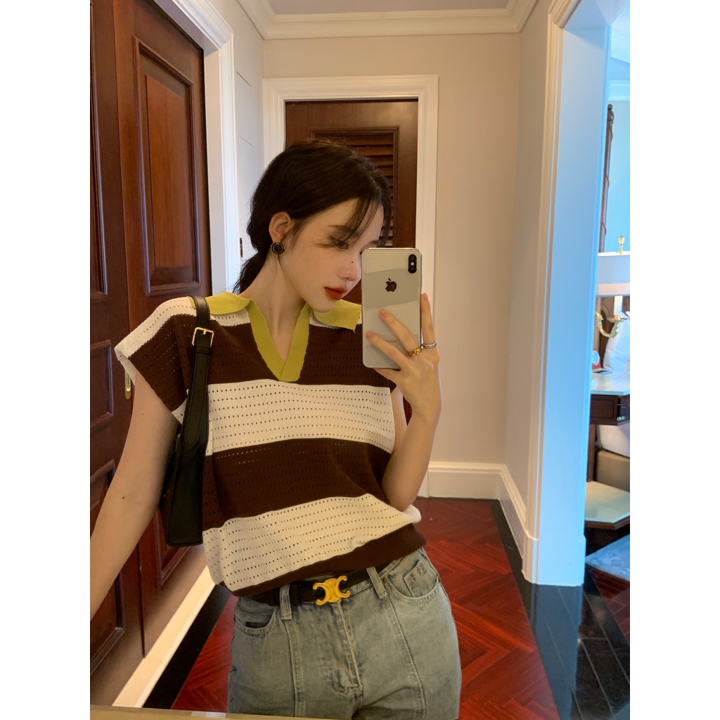 LALISAS Áo Dệt Kim Phối Màu Phong Cách Thời Trang Hàn Quốc Cho Nữ