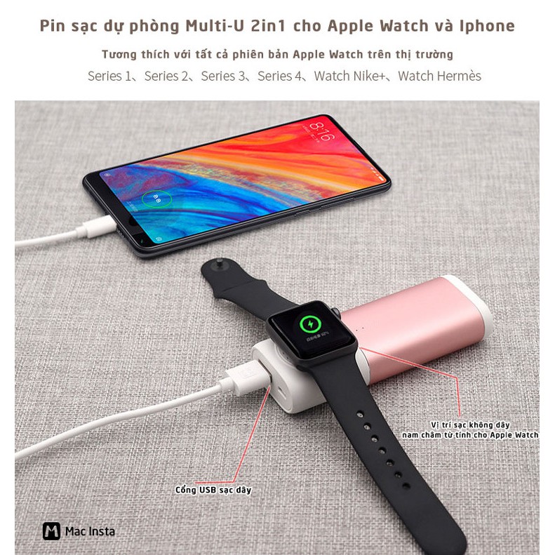 Pin sạc dự phòng Multi-U 2in1 cho Apple Watch và Iphone - Home and Garden