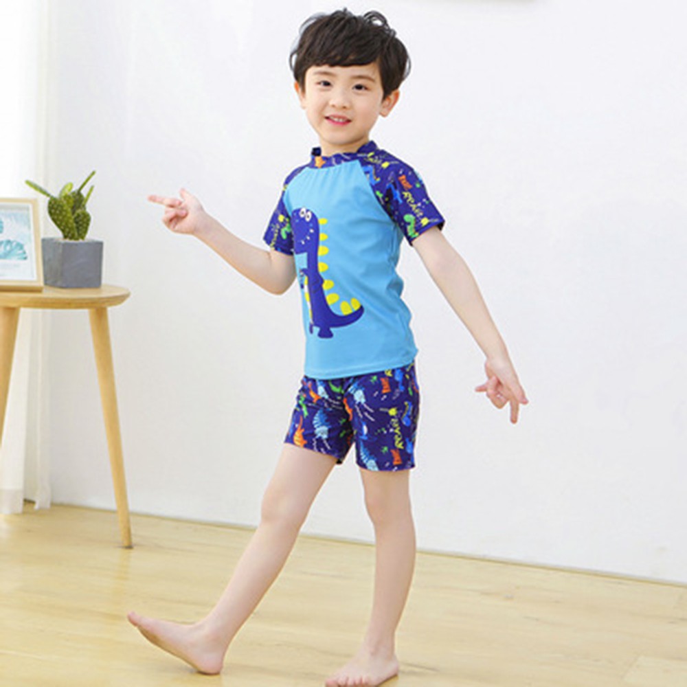 3-13Yrs Toddler Cartoon Dinosaur Split Swimsuit Baby Boys Korean Style Summer Blue White Swimsuit + Swimcap