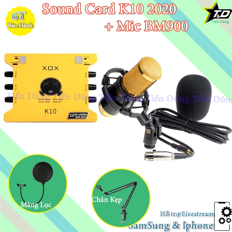 Bộ mic thu âm BM900 Sound Card XOX K10 2020 bản tiếng anh chân màng- combo live stream