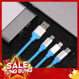 Cáp sạc 3 Đầu đa năng cổng Lightning, MicroUSB, Type C dây dẻo nhiều màu Dài 1m