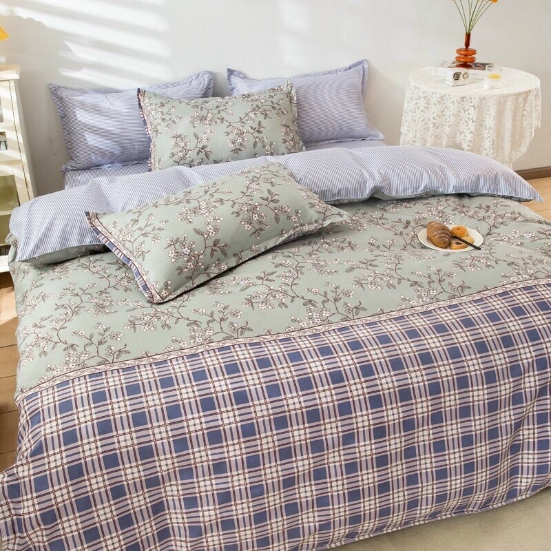 Bộ Chăn Ga Và Gối Cotton Poly Mẫu Kẻ Caro hoạ tiết hoa Có Đủ Kích Thước -Luis Bedding shop chăn ga