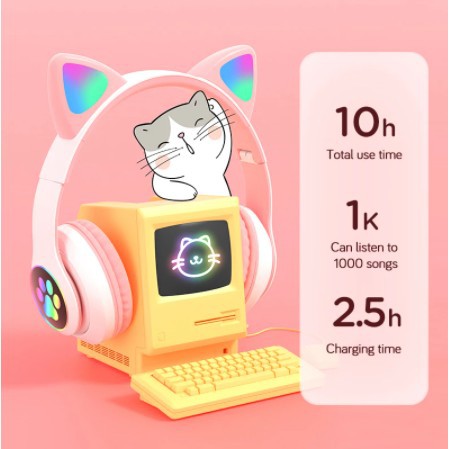 Đèn flash Tai mèo dễ thương Tai nghe không dây Bluetooth có micrô có thể điều khiển LED Kid Girl Âm nhạc nổi Mũ bảo hiểm Tai nghe điện thoại Quà tặng Tai nghe mèo Bluetooth cao cấp, tai nghe mèo có micro, giảm tiếng ồn, đèn led đổi màu BEST