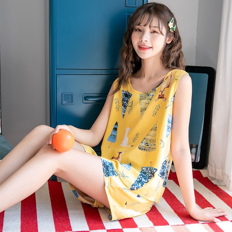 Bộ Đồ Ngủ Gồm Áo Không Tay Và Quần Ngắn Bằng Cotton Lụa Thời Trang Mùa Hè Dễ Thương Dành Cho Nữ | BigBuy360 - bigbuy360.vn