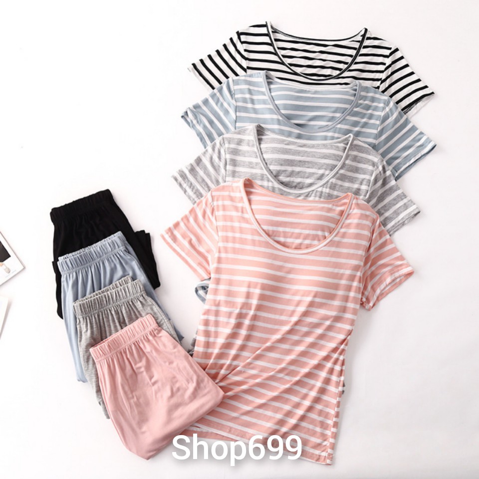 - Bộ đồ kẻ mặc nhà kèm bra chất cotton siêu đẹp