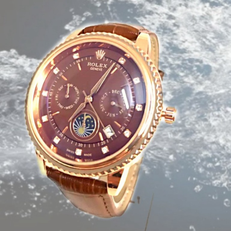 Đồng hồ Nam Rolex máy nhật, mẫu 6kim đính đá, mặt nâu cafe viền vàng, dây da [ BH 1 Năm ] lỗi 1 đổi 1 miễn phí | BigBuy360 - bigbuy360.vn