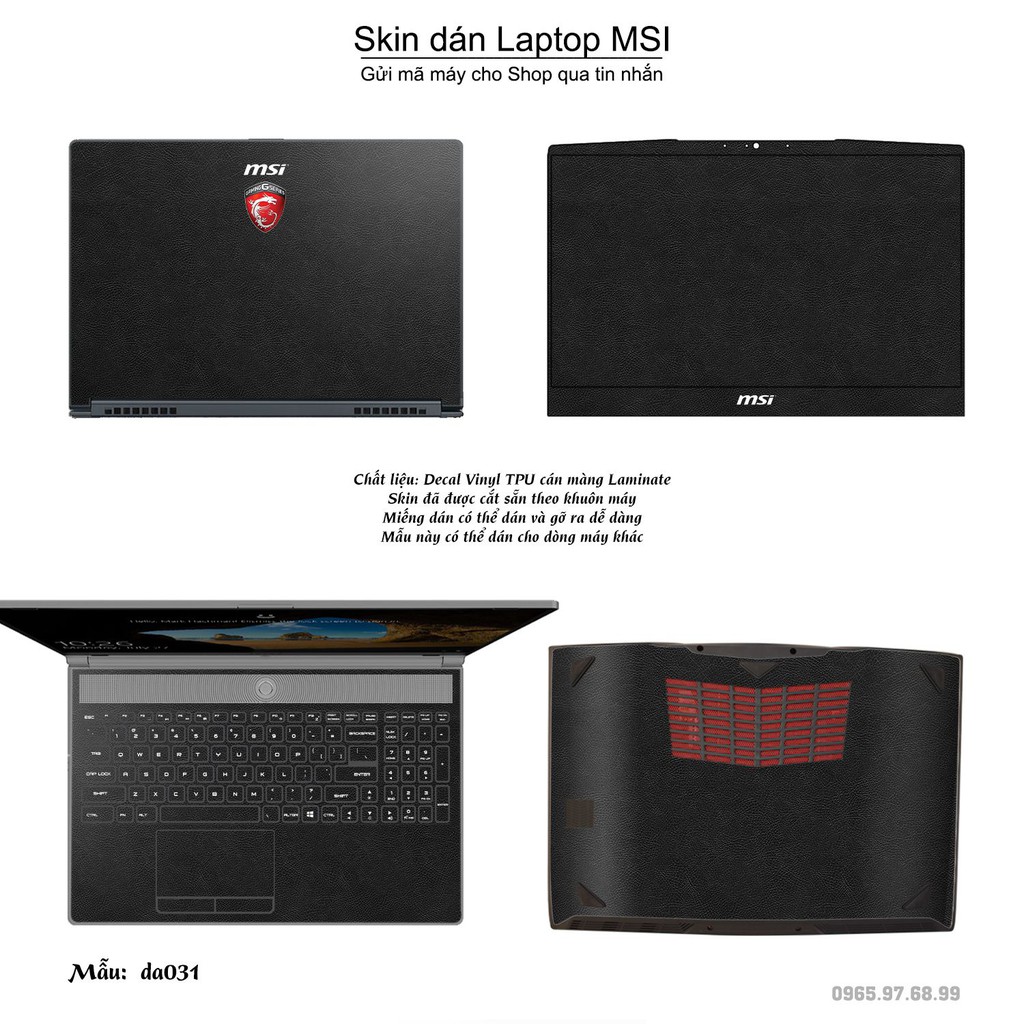 Skin dán Laptop MSI in hình Vân Da Bò Đen - Da031 (inbox mã máy cho Shop)