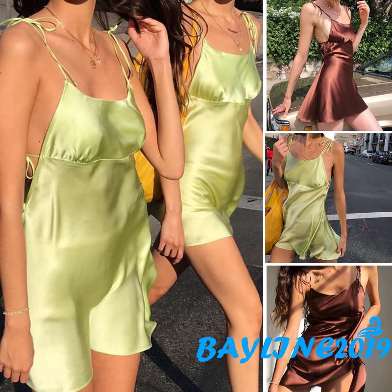 Đầm mini hai dây chất lụa satin thời trang mùa hè cho nữ | BigBuy360 - bigbuy360.vn
