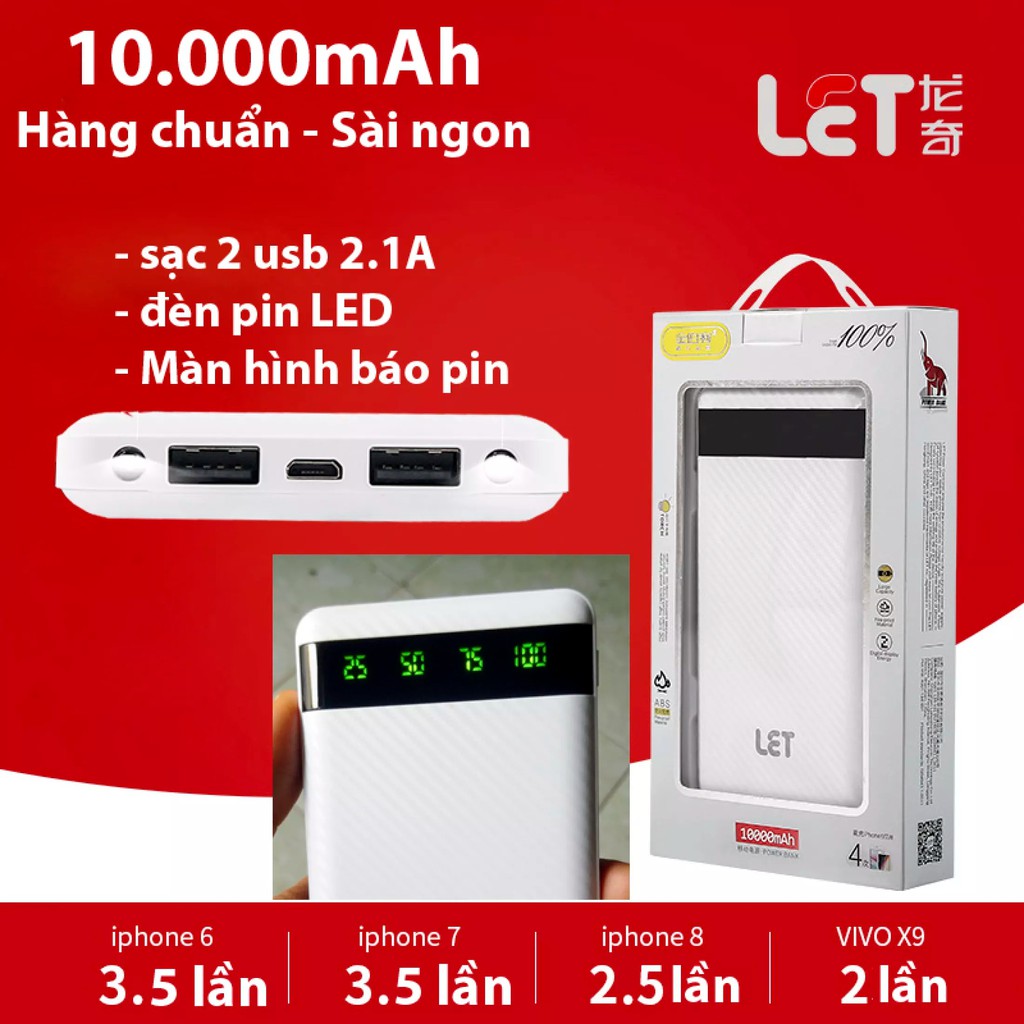 Sạc Dự Phòng 10.000mAh Màn hình báo pin, có đèn pin, Chính hãng LET, 2usb 2.1A