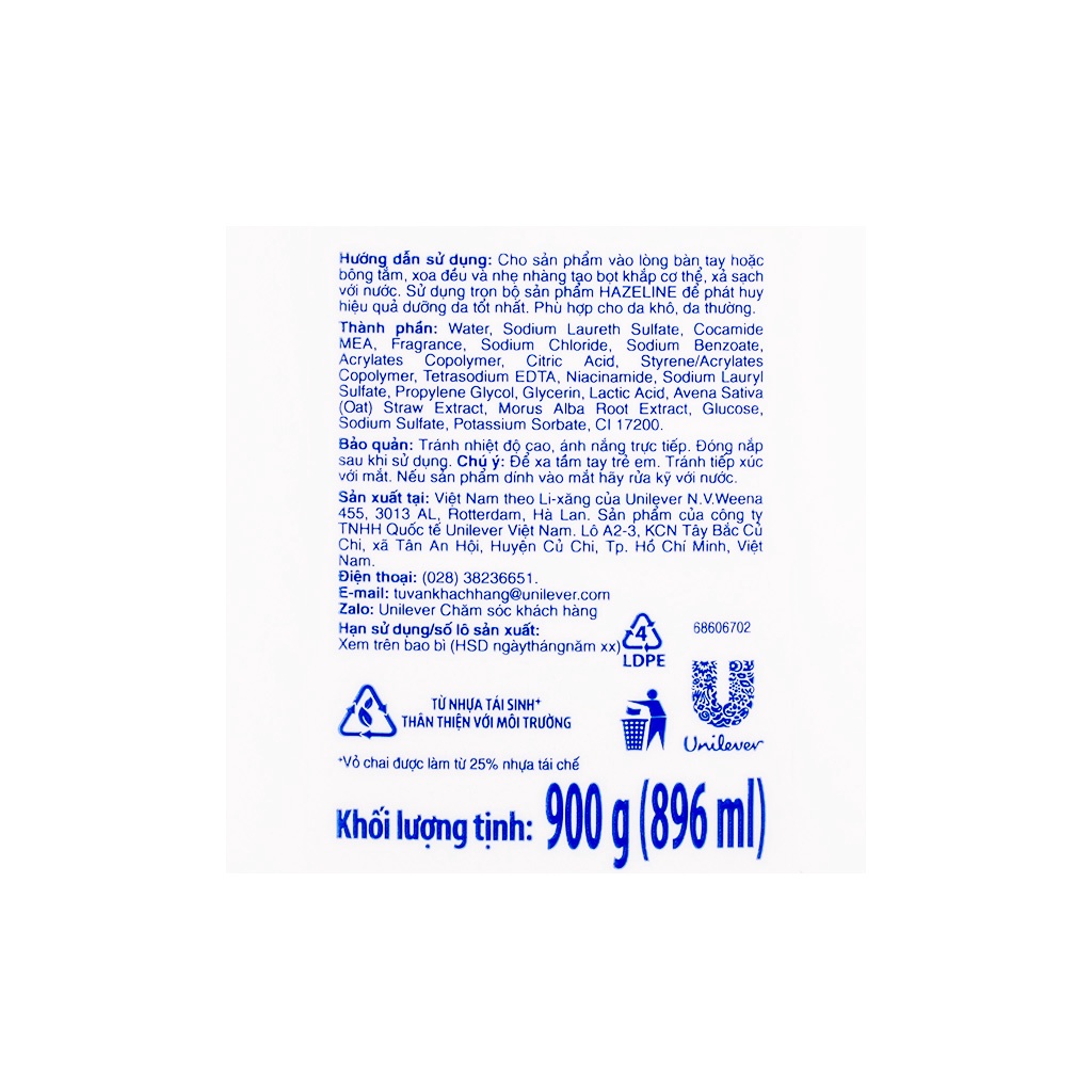 Sữa Tắm Dưỡng Sáng Da Hazeline Yến Mạch - Dâu Tằm Chai 1kg/ 900g (mẫu mới 800g)