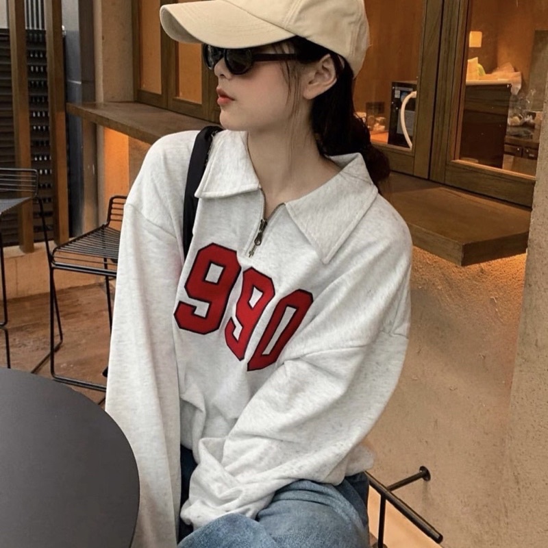 Áo sweater polo dài tay unisex dưới 80kg chất thun JuLy shop - Áo polo dài tay phối khóa cổ 1990