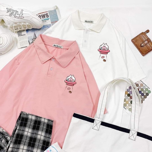 Sét Polo Thỏ đĩa bay tici + quần kẻ trắng TTM877