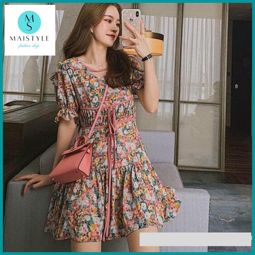 Đầm hoa nhí đi biển MAISTYLE váy voan tiểu thư xinh đi chơi tay phồng ngắn ulzzang bánh bèo cổ V MY1036