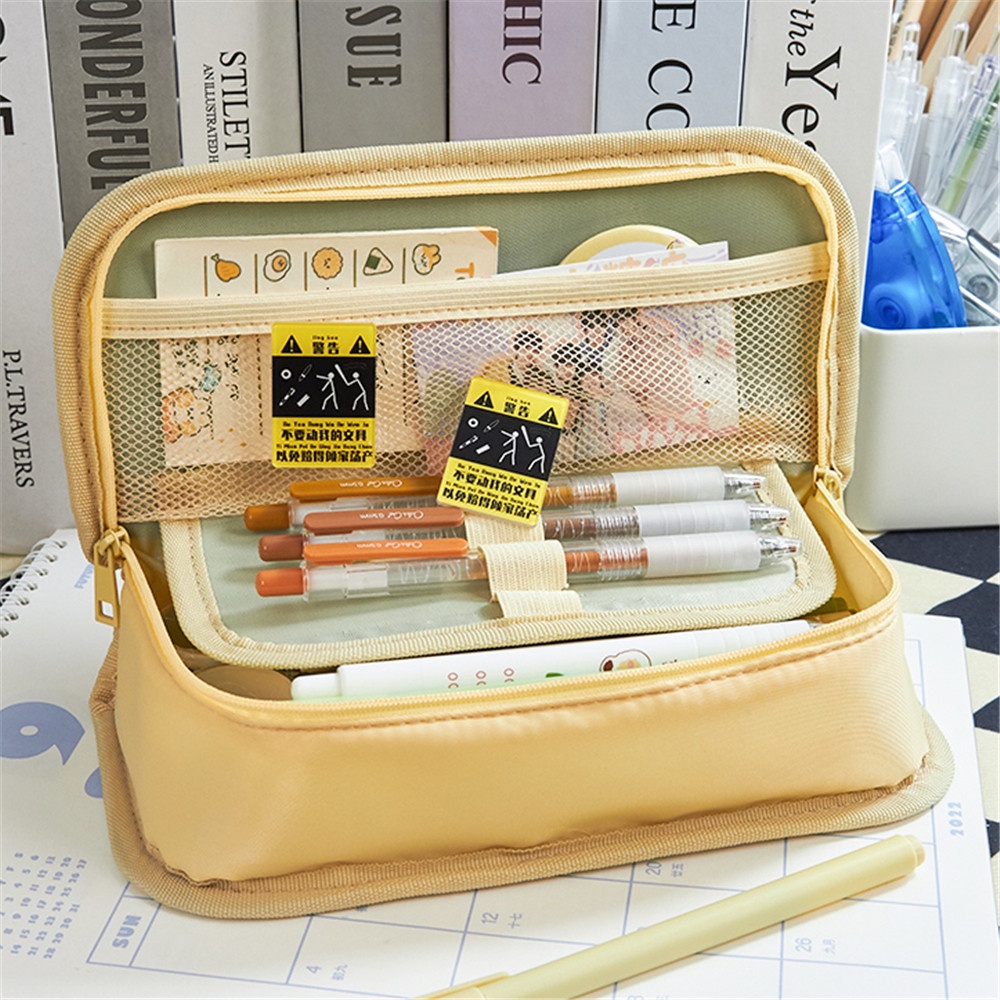 Cod Qipin Túi Đựng Bút Chì Mỹ Phẩm Để Bàn Nắp Lật Hai Ngăn Hình Chữ Nhật Màu Kẹo Đơn Giản INS Dành Cho Bạn Nữ