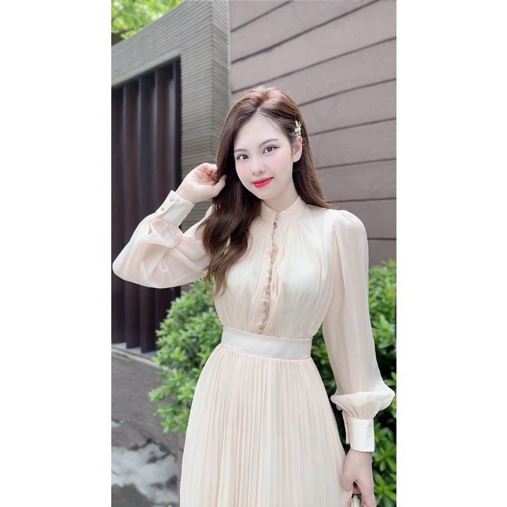 V165 Váy voan kem dài tay dập ly nữ tính - DVC&ACC