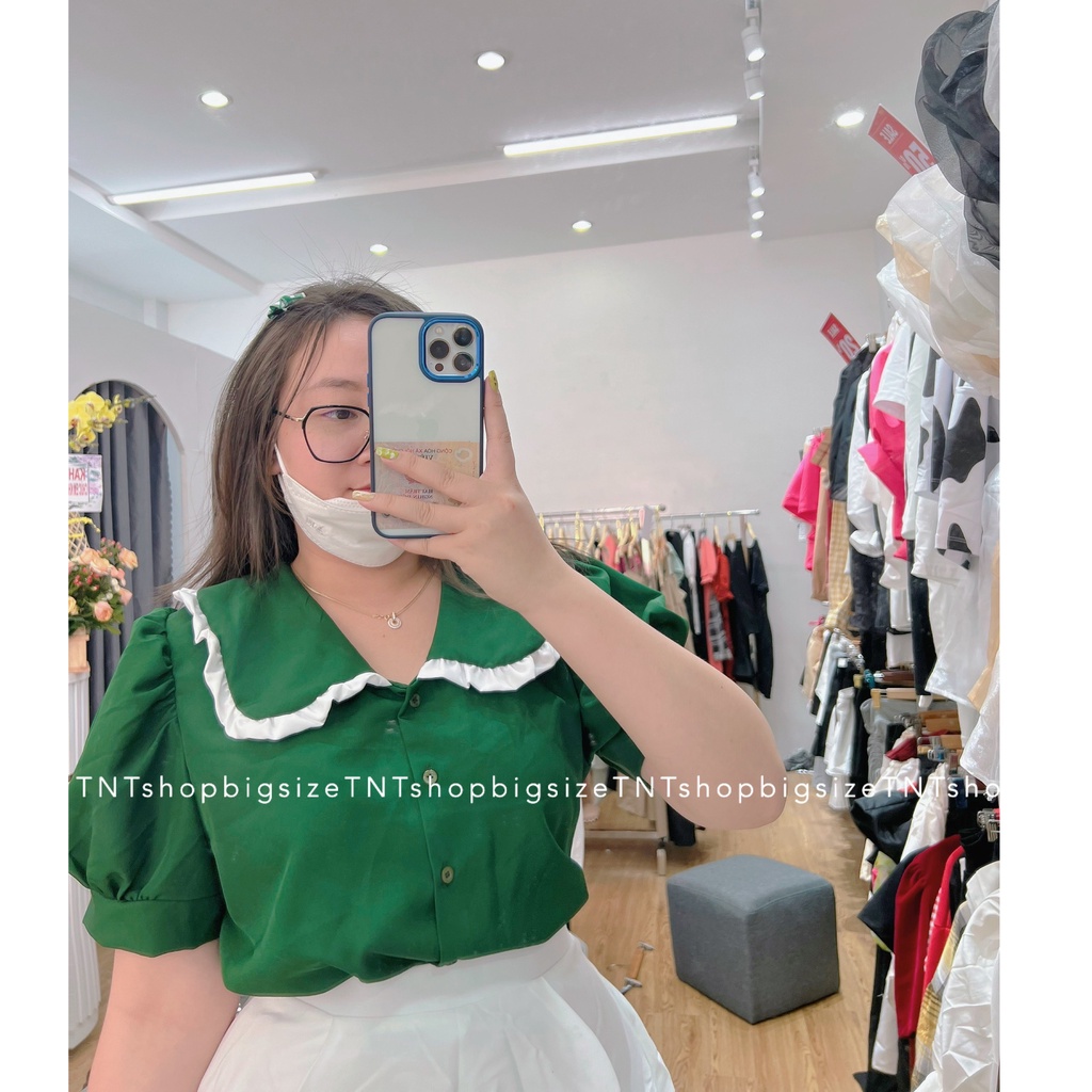 ÁO XANH LÁ TAY BÚP VIỀN BÈO TRẮNG [TNTSHOP BIGSIZE 60KG 90KG]