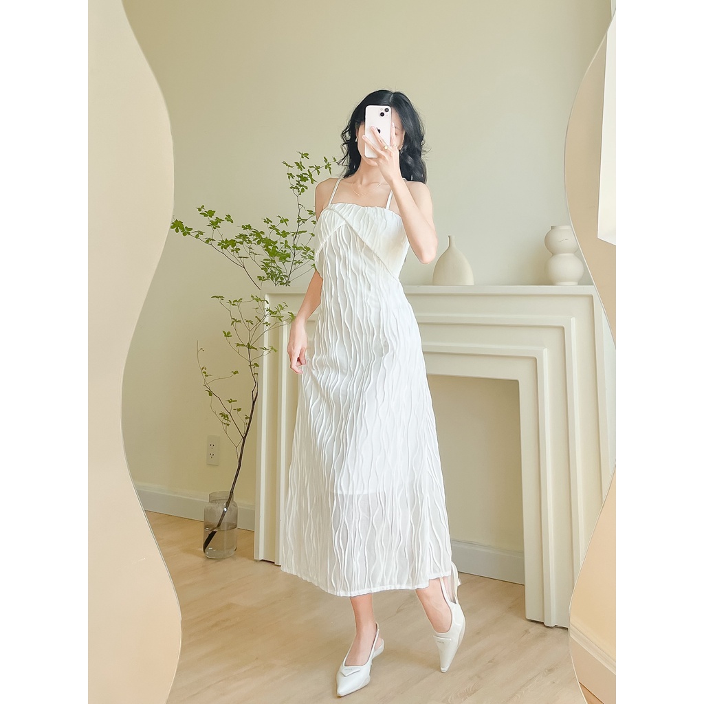 Đầm maxi hai dây đi biển vải thun gợn sóng