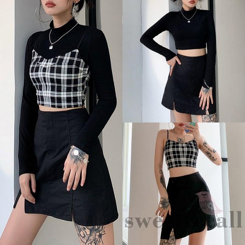 [Mã FADIRECT20 giảm 20K đơn 150K] Set áo croptop tay dài cổ lọ và áo hai dây họa tiết ca rô dành cho nữ