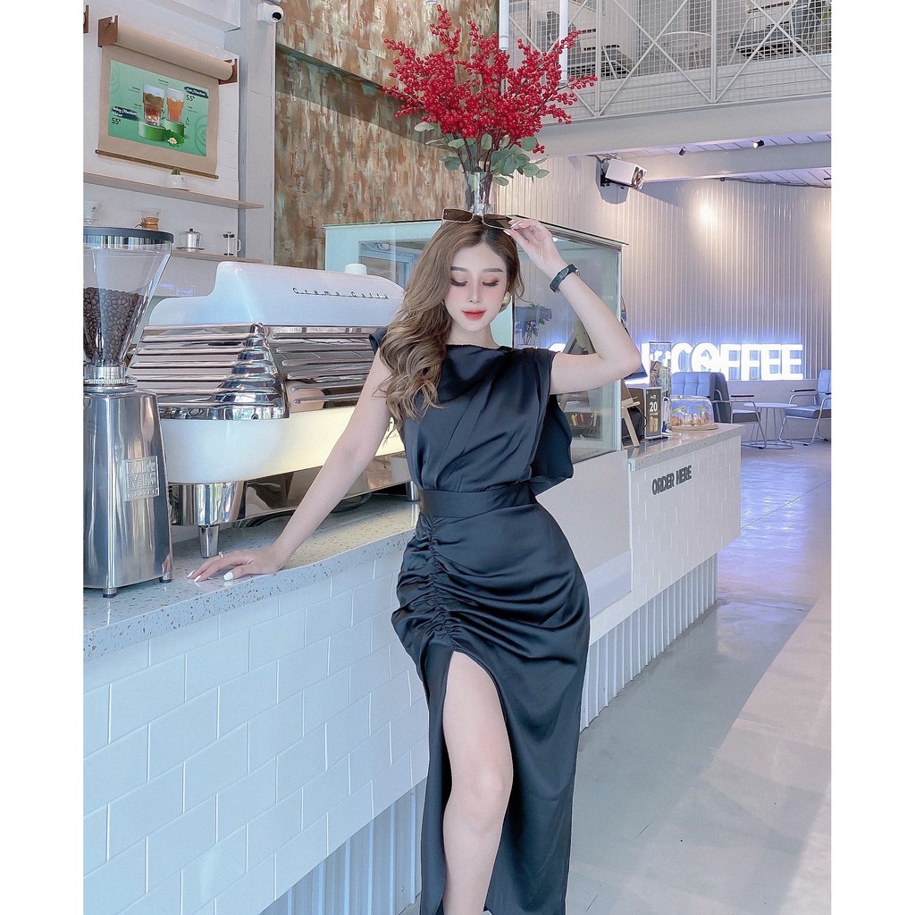 Đầm dự tiệc cột eo xẻ tà quyến rũ lụa hàn châu màu đen - màu trắng - DA002 | BigBuy360 - bigbuy360.vn