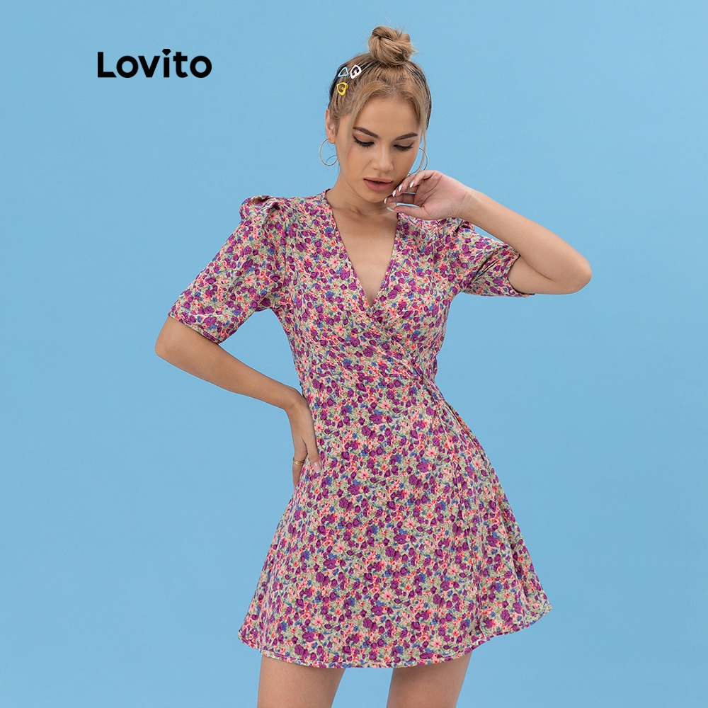  Đầm Lovito in hoa tay phồng dễ thương L06040 (màu tím) | BigBuy360 - bigbuy360.vn