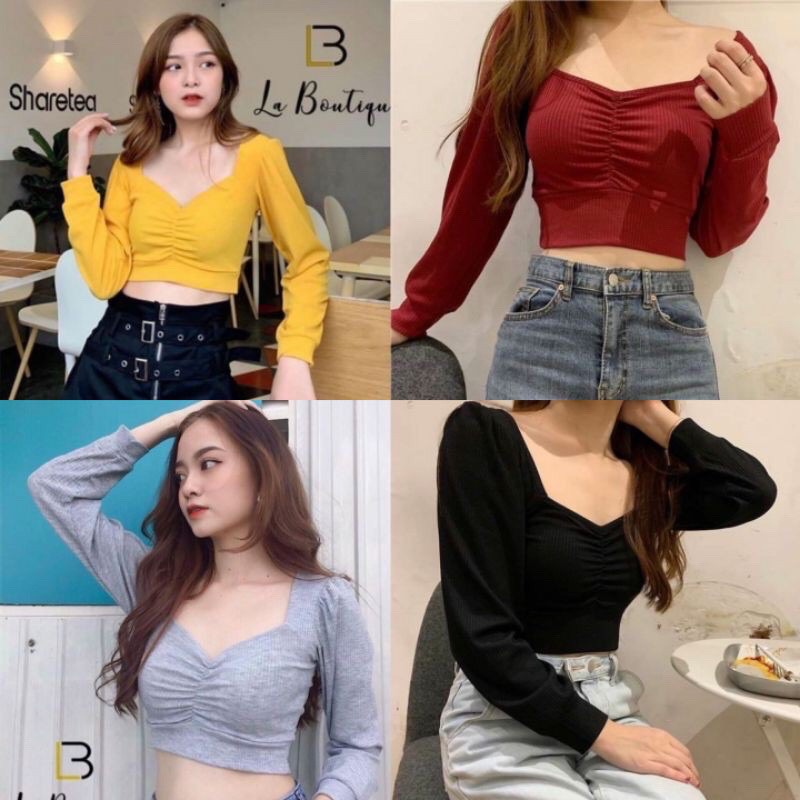 Áo croptop nhún ngực tay dài chất đẹp đủ màu