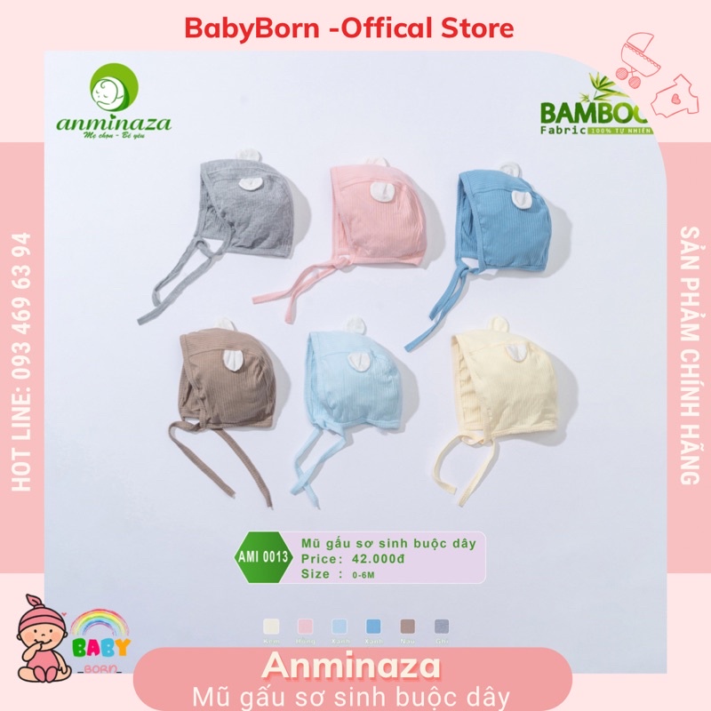 Anminaza - Mũ gấu sơ sinh buộc dây sợi tre Bamboo Fabric xinh xắn