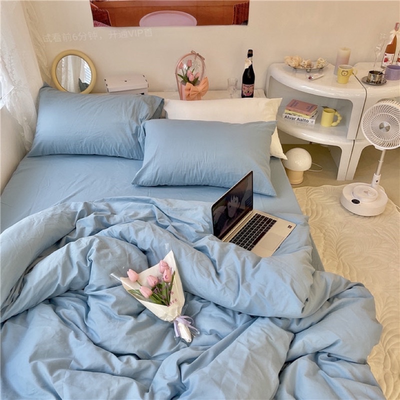 Bộ chăn ga gối cotton đũi: xanh biển | BigBuy360 - bigbuy360.vn