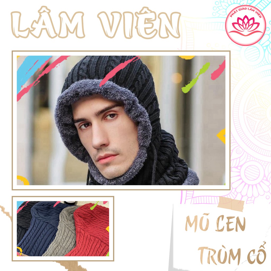 Mũ len trùm đầu liền khăn cổ lót lông ấm áp thích hợp cho nam nữ quà tặng ông bà mùa đông - mu len lot long