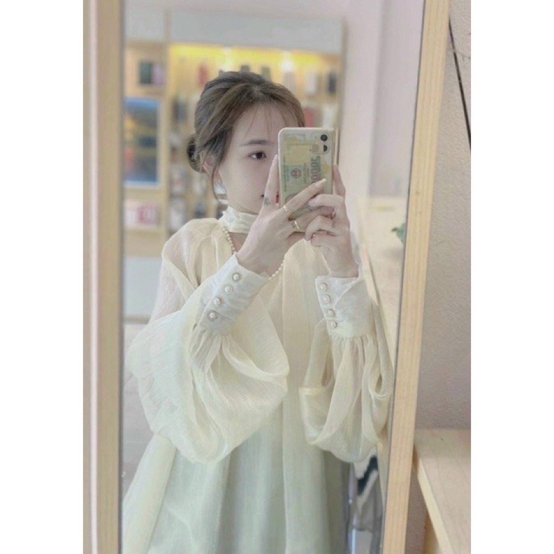 Áo sơ mi cổ V đính ngọc chất voan tơ 2 lớp dày dặn siêu xinh đủ màu