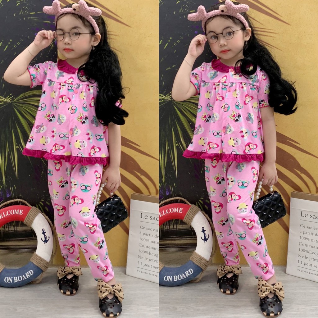 Đồ bộ bé gái, bộ bé gái dài cổ bèo cute thun cotton VNXK Jennie kids J465