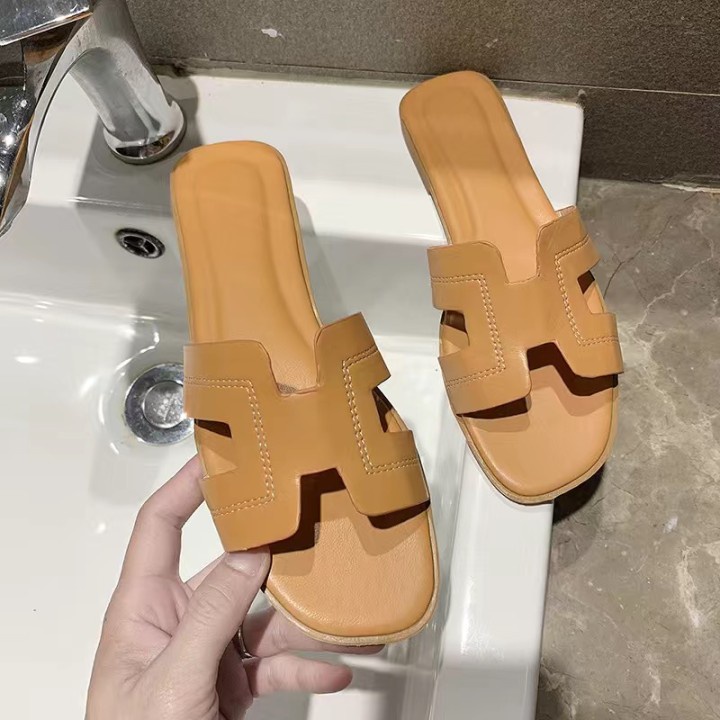 Dép da quai ngang hình chữ H màu trơn phong cách Hàn Quốc siêu đẹp cho nữ iss293