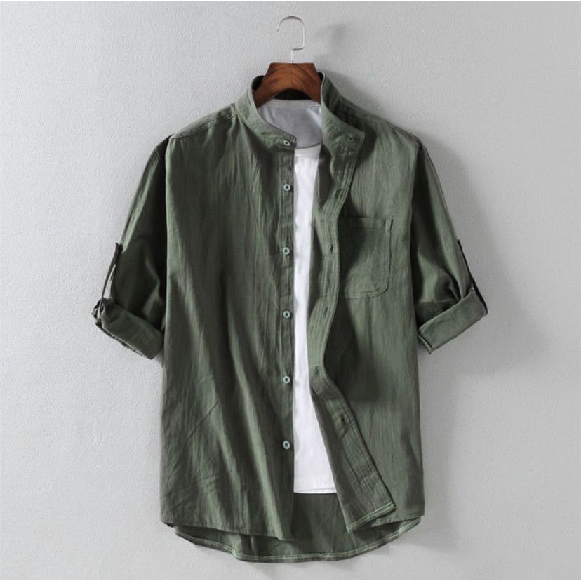 Áo Sơ Mi Cotton Lanh Cổ Đứng Dáng Rộng Tay Lửng Thời Trang Mùa Hè 2020 Cho Nam