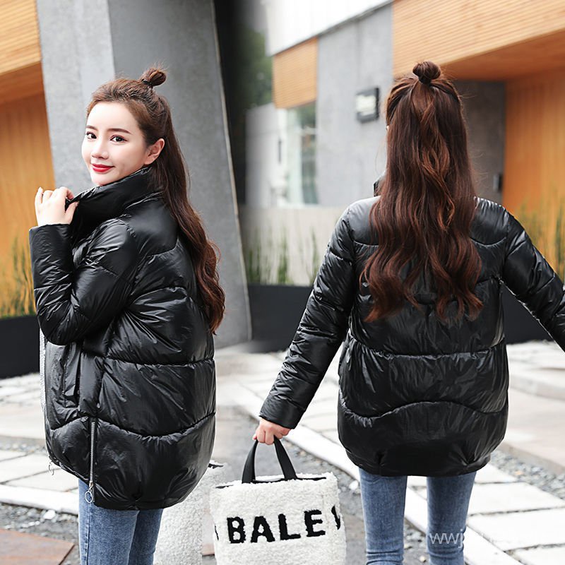Áo khoác phao cotton dáng rộng cổ bẻ màu bóng thời trang cho nữ 2021off-Seaso