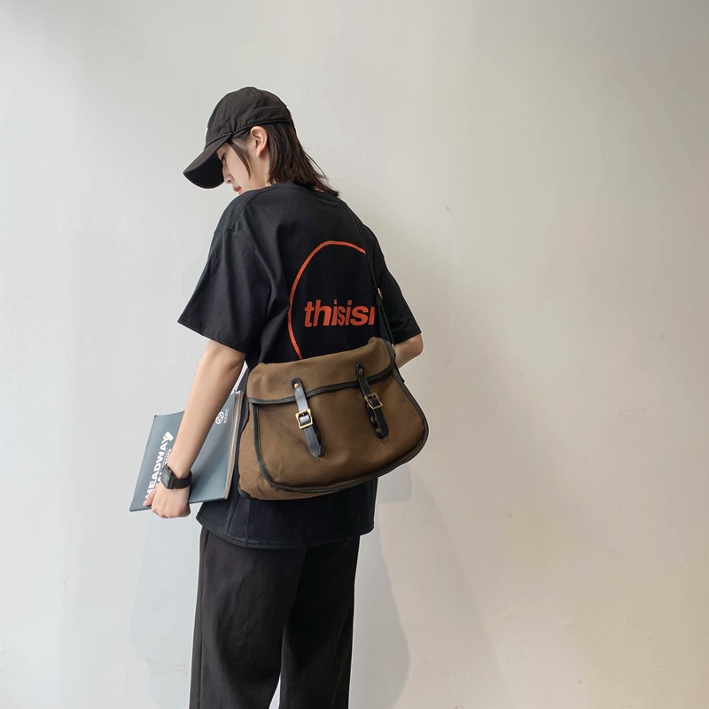 Túi xách canvas đeo vai, đeo chéo đi học vừa A4 và laptop, túi vải unisex phối da thời trang ulzzang Emmer191