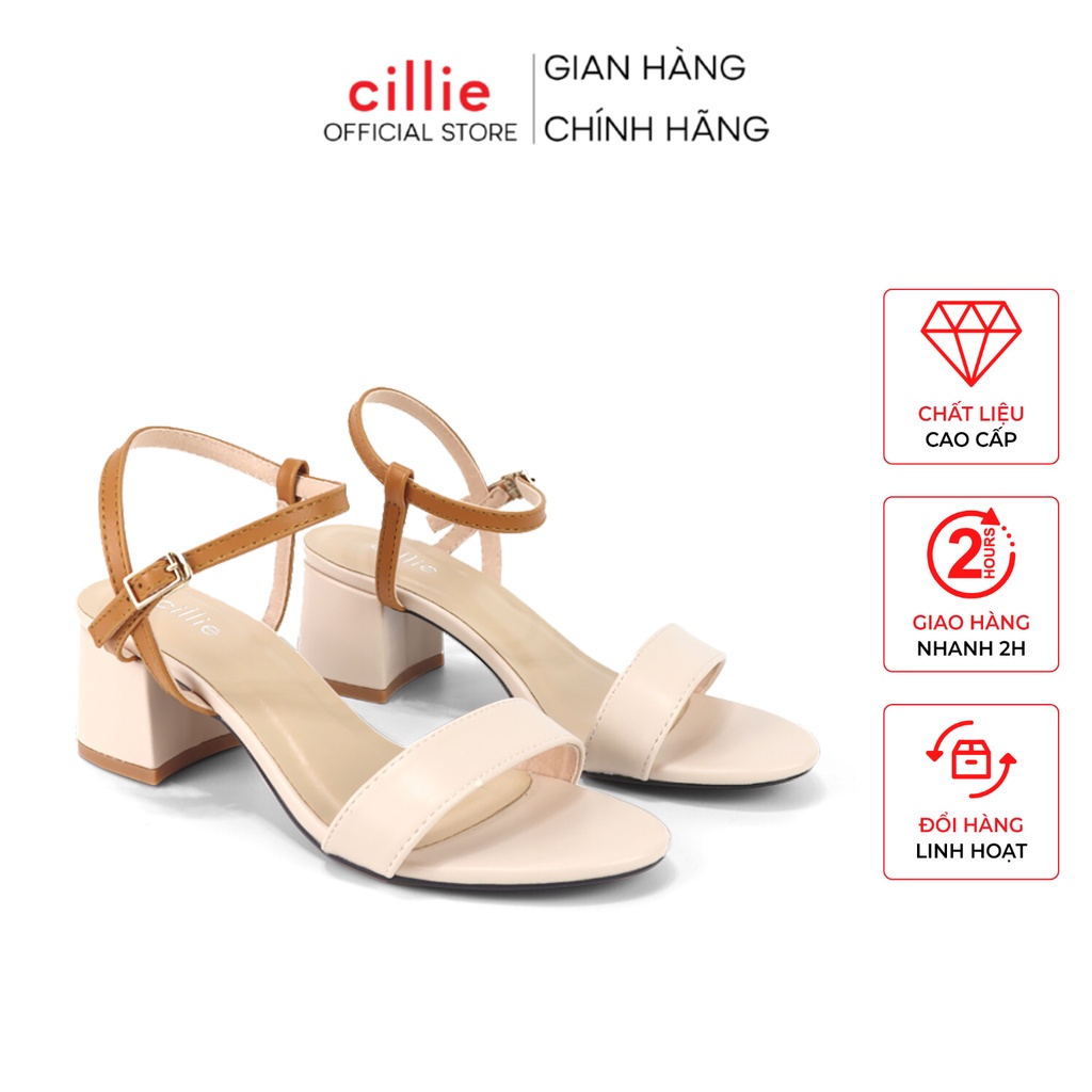 Giày sandal cao gót nữ quai ngang phối màu độc đáo kiểu dáng basic gót vuông 6cm mang đi làm đi chơi Cillie 1205