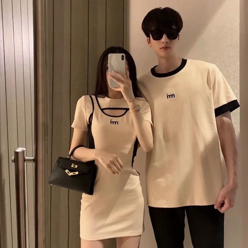Sét đồ đôi nam và nữ 2 màu đen và be váy ôm body kết hợp áo phông nam
