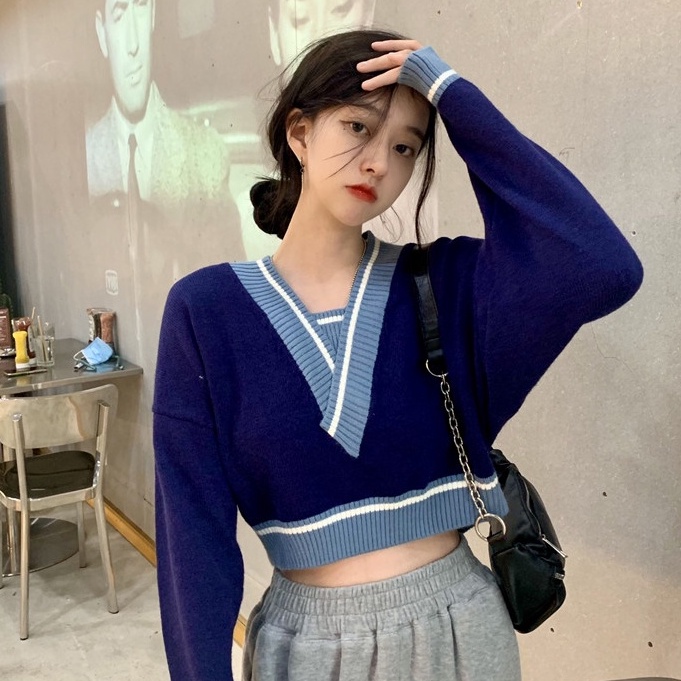 Áo sweater nữ dệt kim tay dài cổ V thời trang phong cách Hàn Quốc