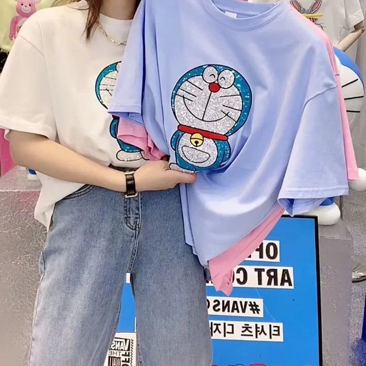 Áo thun nữ ngắn tay cổ tròn in hình Doraemon đính kim cương phong cách Hàn Quốc