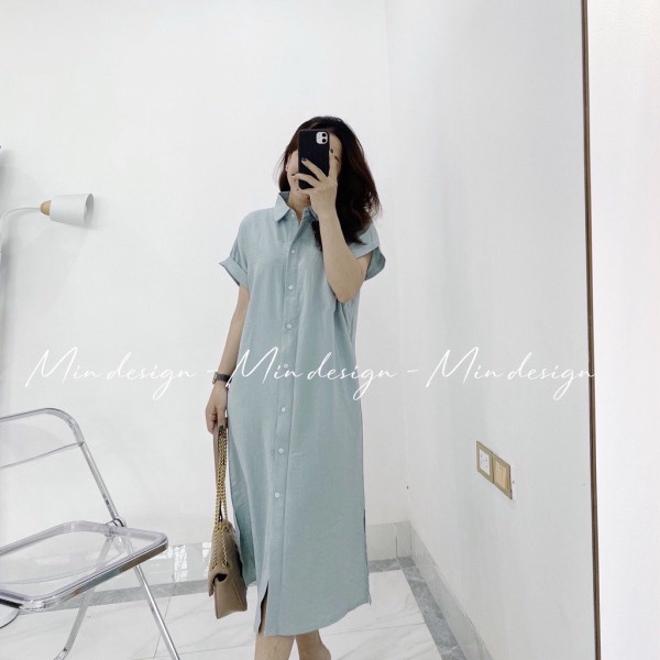 Váy sơ mi cổ bẻ chất đũi cộc tay 4 màu phòng cách tiểu thư