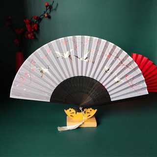 Quạt cổ trang cô vân dã hạc nhỏ gọn cầm tay quà tặng xinh xắn phong cách Trung Quốc vải lụa in hoa