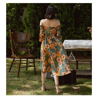 (video ảnh thật)Đầm Trễ Vai Phong Cách Boho Vintage
