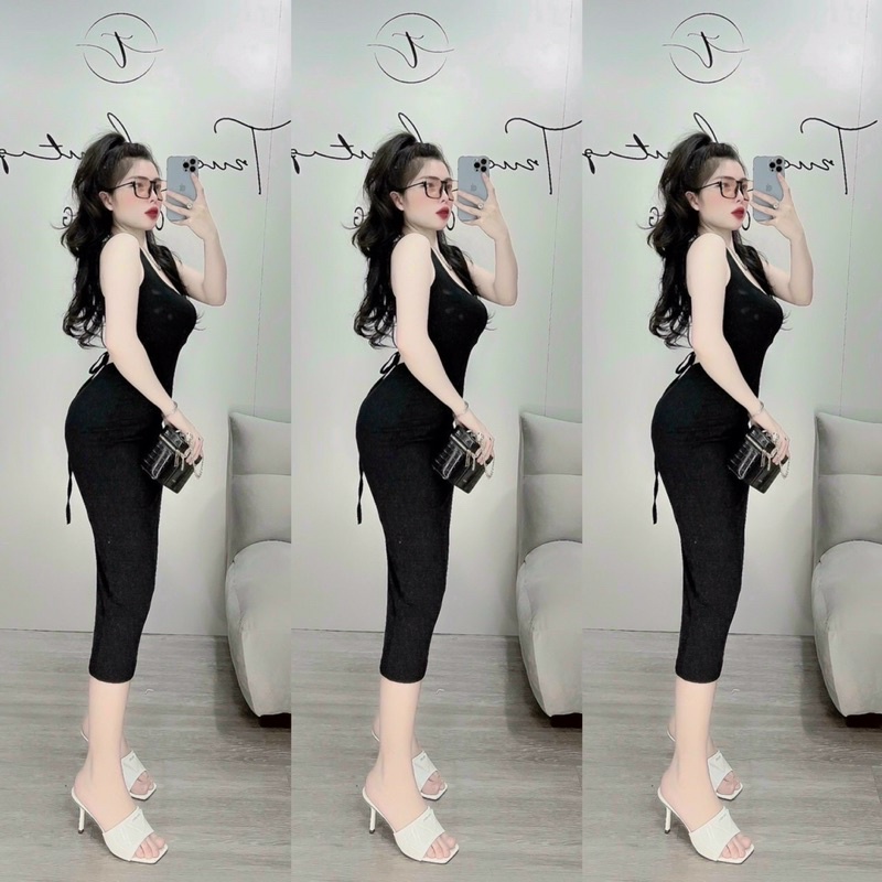 [FREESHIP] [ẢNH THẬT] Đầm ôm body nữ sát nách cổ U hở lưng cột dây form dài qua gối 3 màu hot hitAT