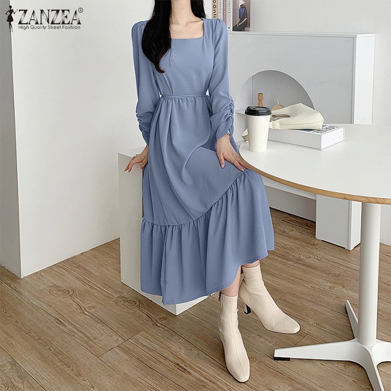 Váy maxi ZANZEA cổ vuông tay dài eo cao phối dây buộc phong cách Hàn Quốc thời trang đường phố cho nữ